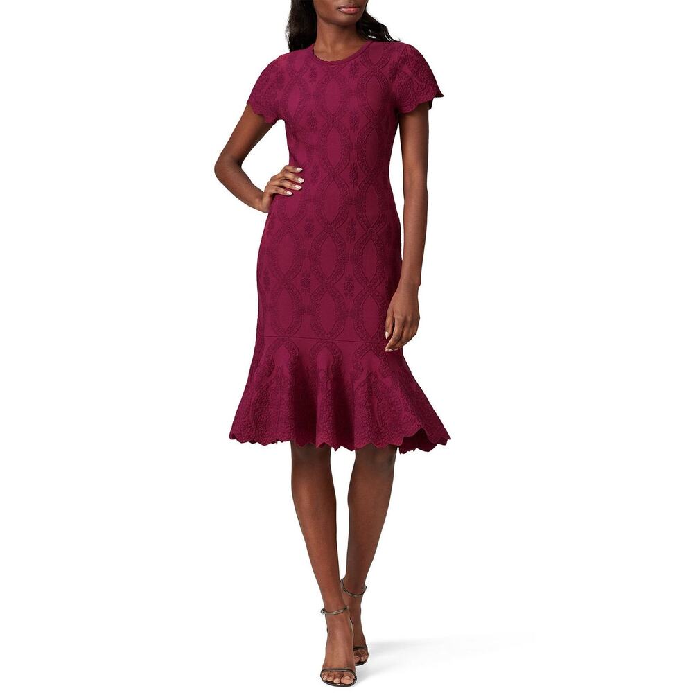 Shoshanna Preston Mulberry Burgundy Embroidered Flounce Hem Short Sleeve Dress M